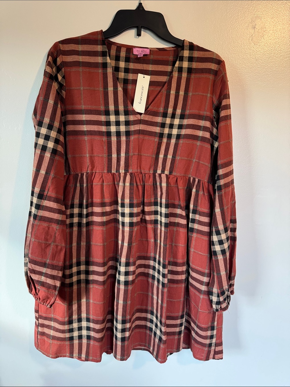 miami Rust Plaid V-Neck Long Sleeve Dress